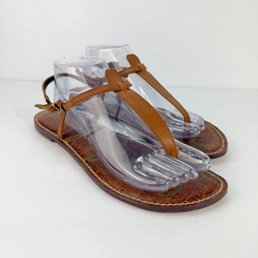EUC Sam Edelman 10 Women Sandals Gigi Brown Croc Embossed Leather T-Strap Thong